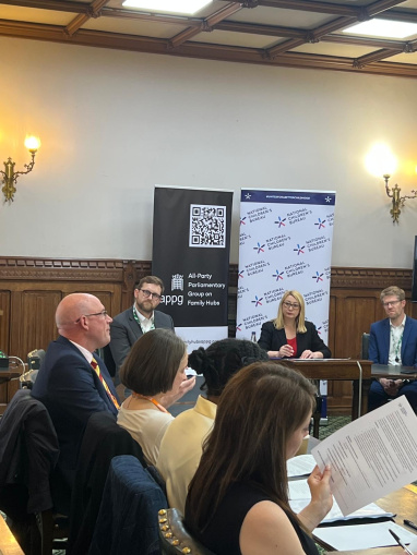 Men and women sat at a rectangular table with NCB and APPG banners behind them