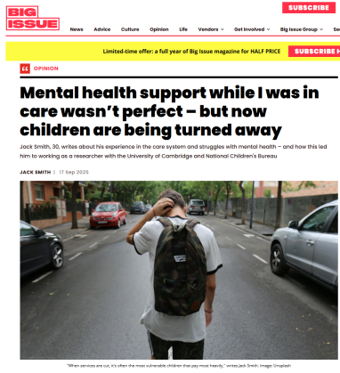 Screenshot from The Big Issue website with the headline Mental health support while I was in care wasn't perfect - but now children are being turned away