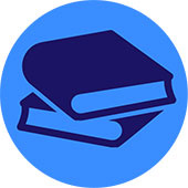 Graphic icon of pile of books on blue background
