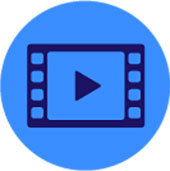 Grahic icon of video play button on blue background