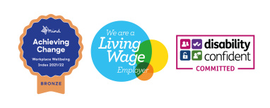 Mind Achieving Change; Living Wage Employer; and Disability Confident Badges 