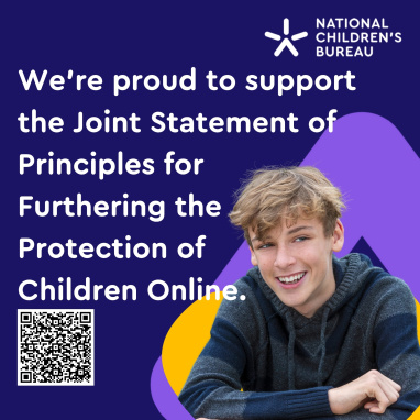 A colourful graphic with a photo of a teenager smiling alongisde text explaining how proud NCB is to support the principles for furthering the safety of children online.