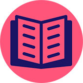 Graphic icon of open book on a rose colour background