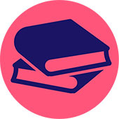 Graphic icon of pile of books on a rose colour background