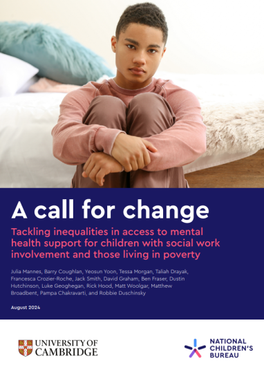 Front cover of a NCB and Cambridge University report showing a teenage boy sat on the floor with his arms wrapped around his knees