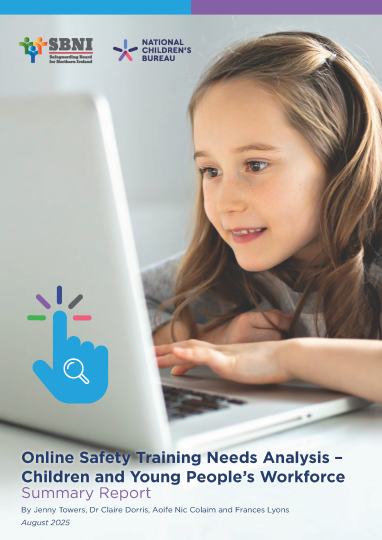 Front cover of Online Safety Training Needs report with a young girl looking at an open laptop