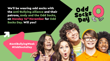 A graphic featuring a photo of Andy Day with his band Andy and the Odd Socks, alongside details of Odd Socks Day for Anti-Bullying Week.