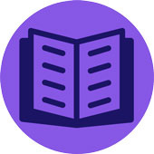 Graphic icon of open book on violet background