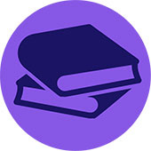 Graphic icon of pile of books on violet background