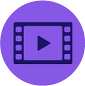 Graphic icon of video play button on violet background