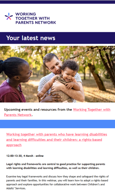 Screenshot of Working Together with Parents Network newsletter