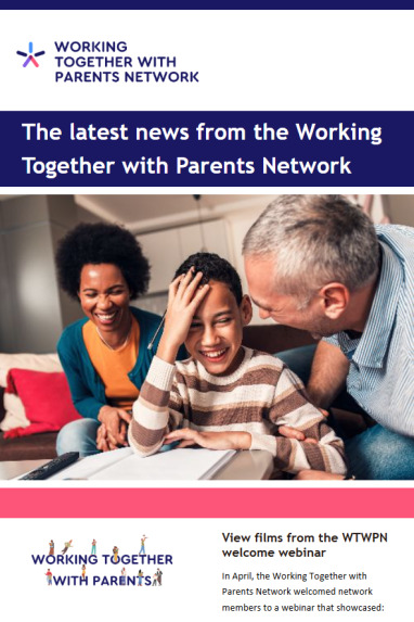 Front cover of Working Together with Parents Network newsletter that shows a boy laughing with a man and a woman