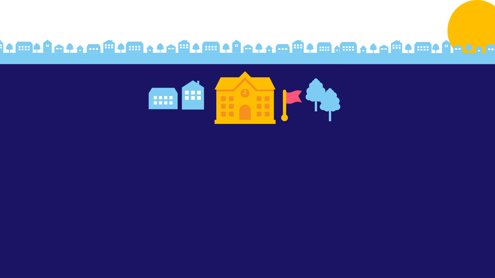 Graphic with school buildings, flag and trees with sun rising on horizon