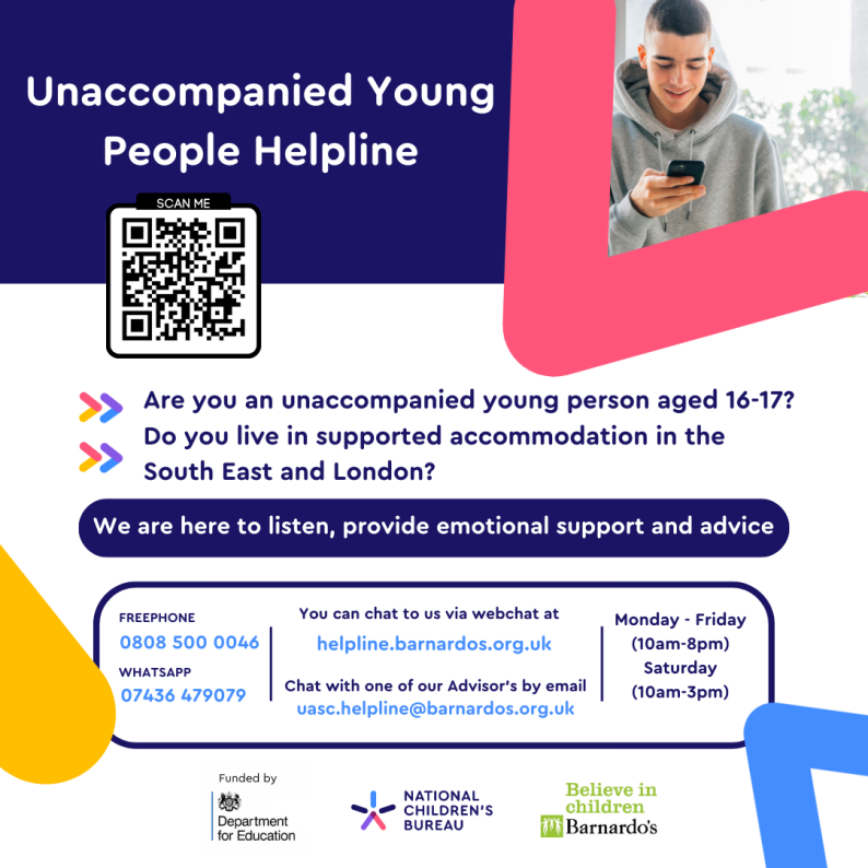 Poster for Barnardo's helpline with QR code and information about how to access the helpline via chat, email or phone call. 