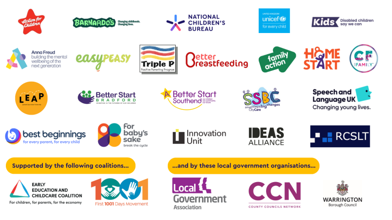 Logos of children's sector organisations supporting the continuation of funding of Start for Life and Family Hubs